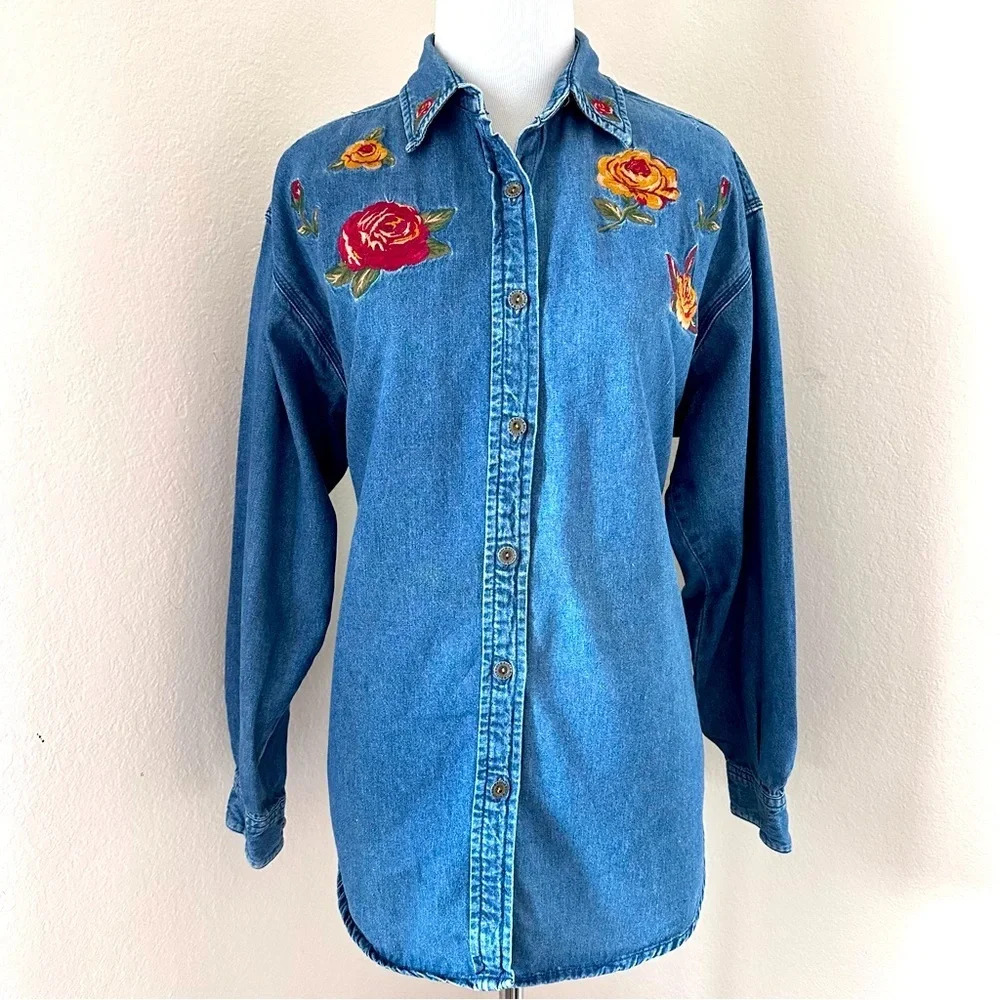 Vintage 90s embroidered denim button down  long sleeve shirt with floral designs
